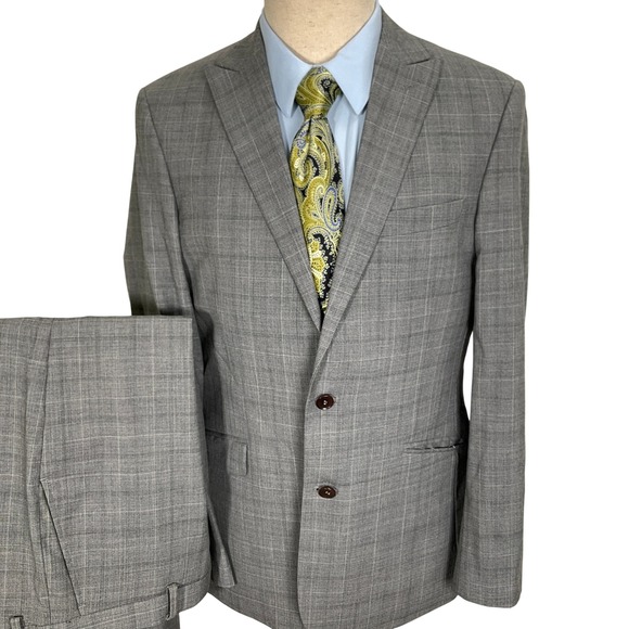 Charles Tyrwhitt Suit Men 40R 32W 33.5L Gray Plaid Slim Fit Classic London Wool - Picture 1 of 16